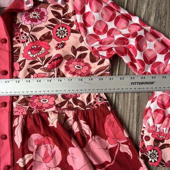 Dalia MacPhee Collared Shirt Dress Womens Red Pink Geo Floral missing Belt #148 - Picture 14 of 15
